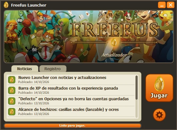 Ventana del Freefus Launcher con noticias, registro y botón Jugar